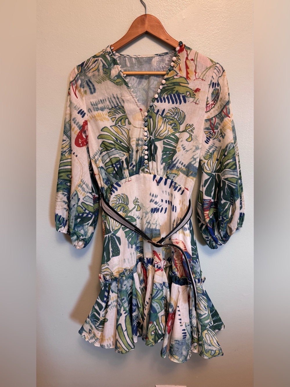 Floral Leaf Print Mini Dress in Cream and Green